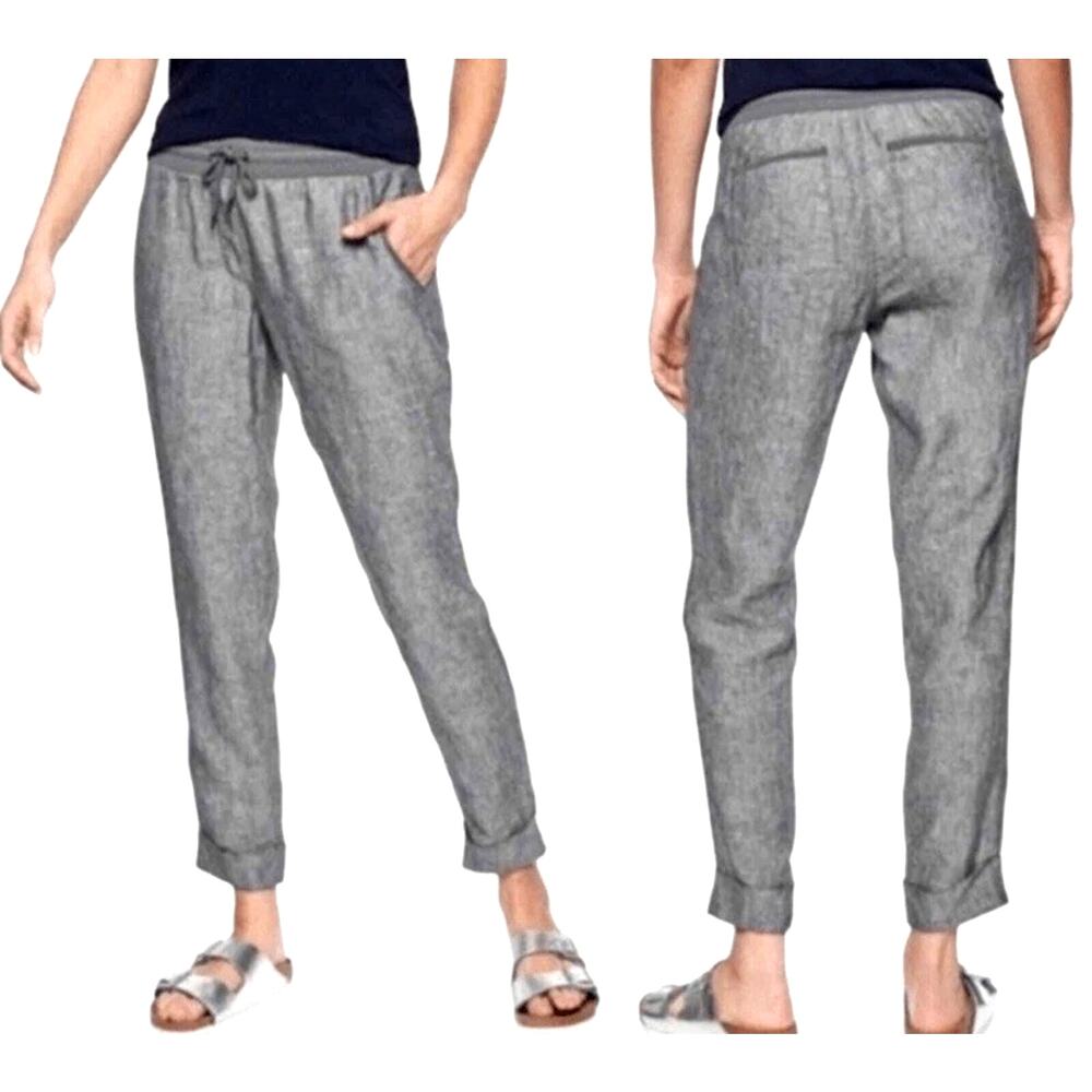 Athleta 100% Linen Pants Coastal Beach Resort Casual Ankle Cuffed Pockets Boho 6